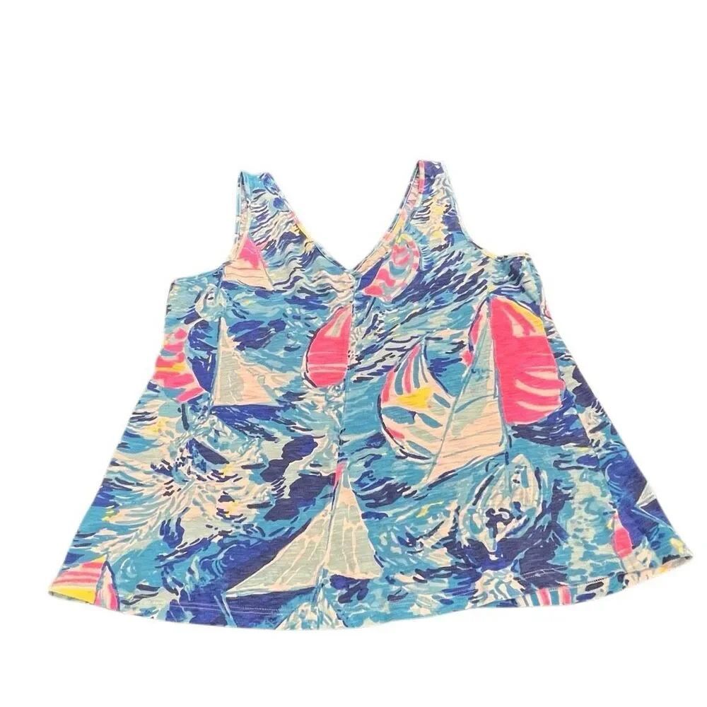 Lilly Pulitzer Women's Hey Bay Bay Sailboat Sleeveless Tank Top Blue Pink Medium